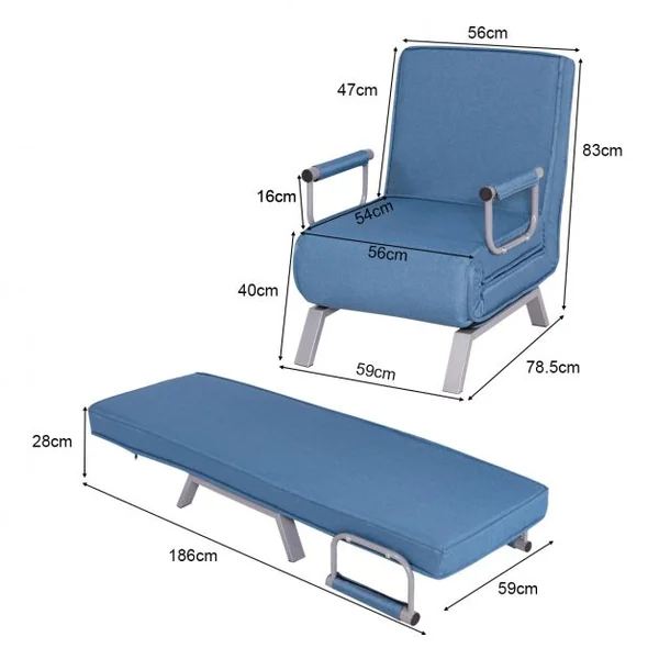 Canapé-lit 1 Place Fauteuil Convertible Fauteuil Chauffeuse avec Coussin en Tissu Lin et Acier Lit 186x59x28cm Bleu