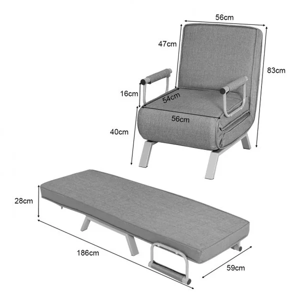 Canapé-Lit Convertible à 5 Positions Fauteuil-lit 1 Place avec Coussin de Dossier en Tissu Lin, 186x60x25cm, Gris