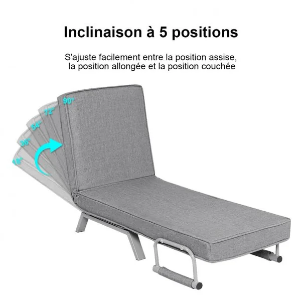 Canapé-Lit Convertible à 5 Positions Fauteuil-lit 1 Place avec Coussin de Dossier en Tissu Lin, 186x60x25cm, Gris