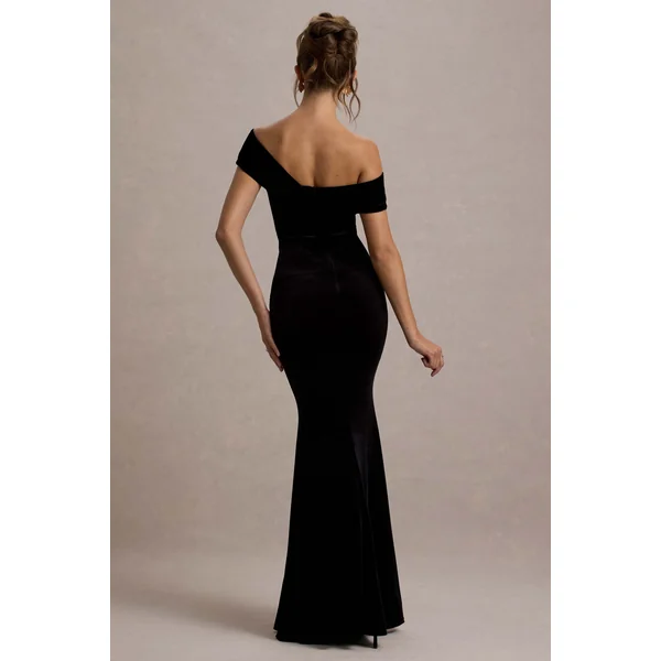 Candela | Robe longue bardot asymétrique en velours noir