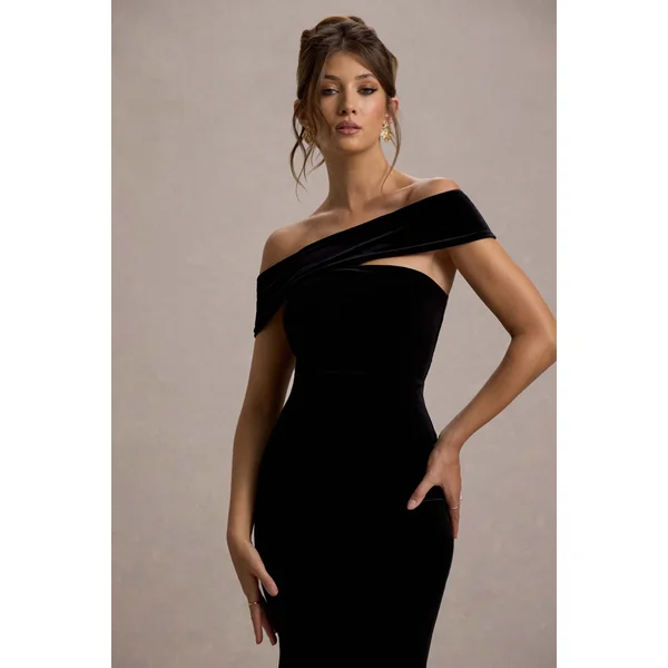 Candela | Robe longue bardot asymétrique en velours noir