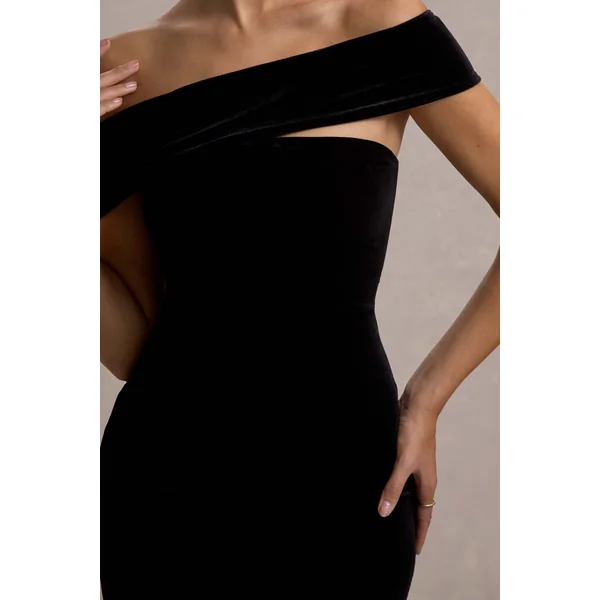 Candela | Robe longue bardot asymétrique en velours noir