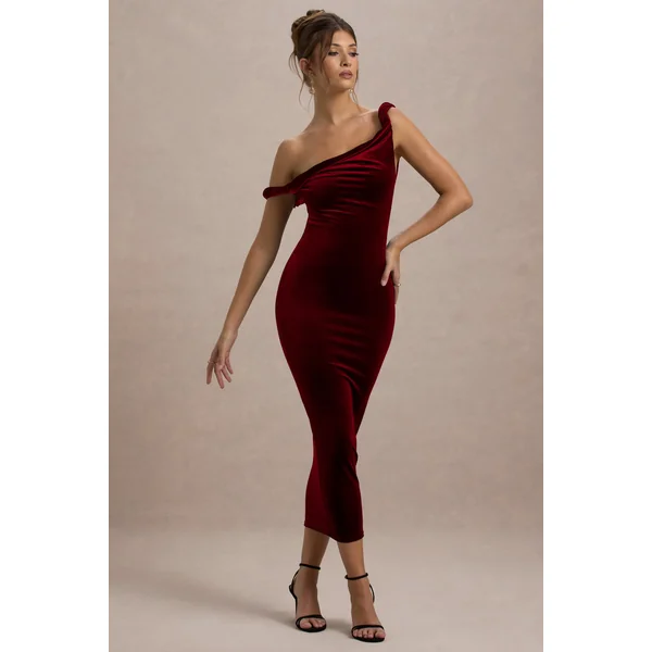Carella | Robe mi-longue asymétrique torsadée en velours rouge cerise