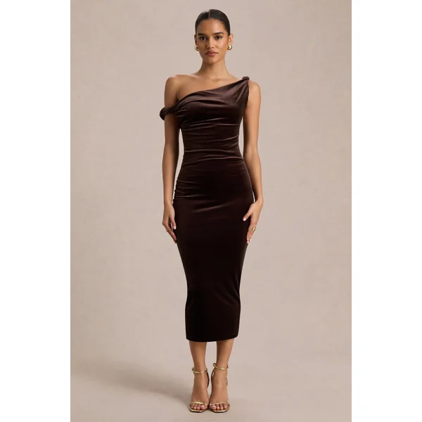 Carella | Robe mi-longue en velours marron à encolure asymétrique torsadée