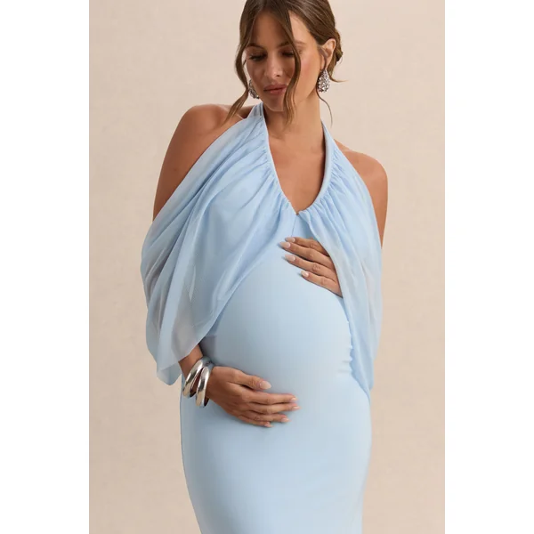 Caris | Robe longue de maternité bleu clair à encolure Bardot