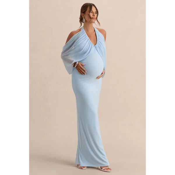 Caris | Robe longue de maternité bleu clair à encolure Bardot