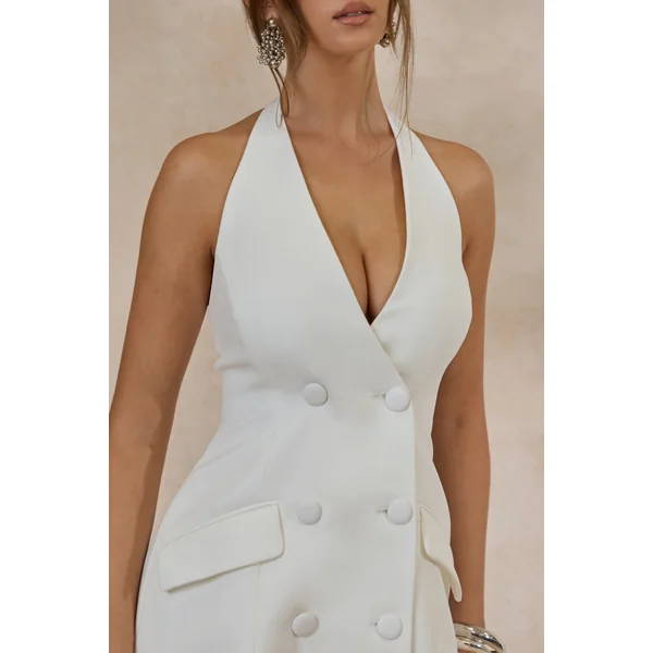 Carlin | Mini-Robe Blanche à Décolleté Plongeant Avec Boutons et Coupe Structurée