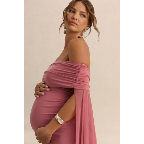 Carlotta | Robe Longue de Maternité Bardot Rose Poudré avec Cape en Chiffon