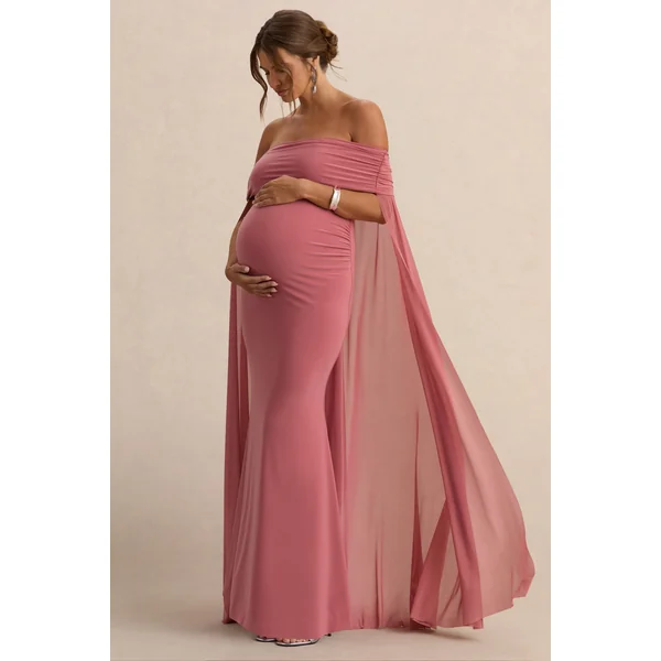 Carlotta | Robe Longue de Maternité Bardot Rose Poudré avec Cape en Chiffon