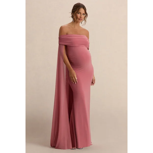 Carlotta | Robe Longue de Maternité Bardot Rose Poudré avec Cape en Chiffon