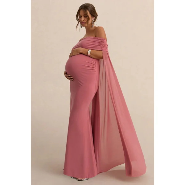 Carlotta | Robe Longue de Maternité Bardot Rose Poudré avec Cape en Chiffon