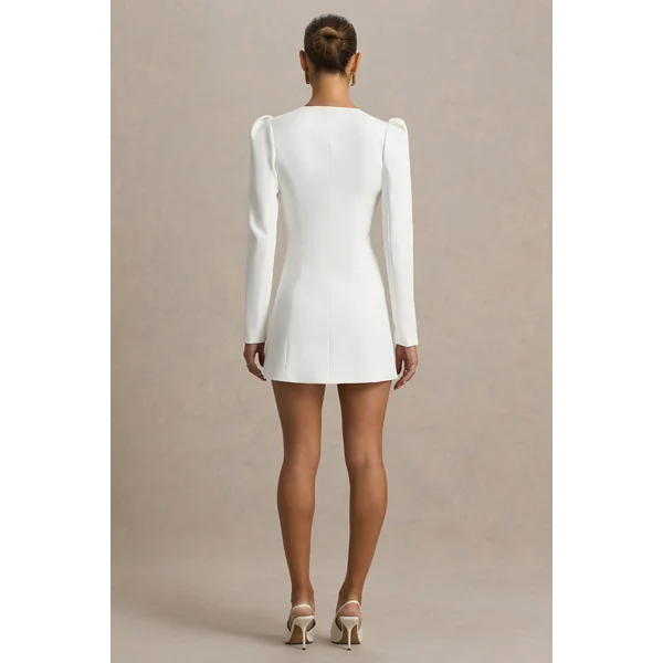 Carmen | Mini-robe blanche à décolleté cœur et coupe tailleur