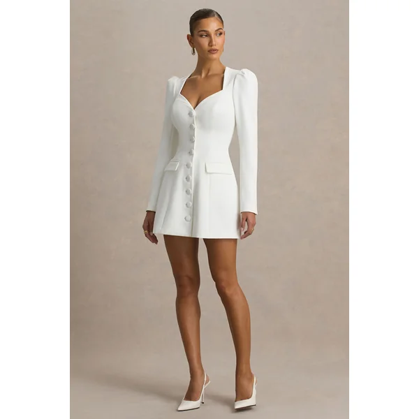 Carmen | Mini-robe blanche à décolleté cœur et coupe tailleur