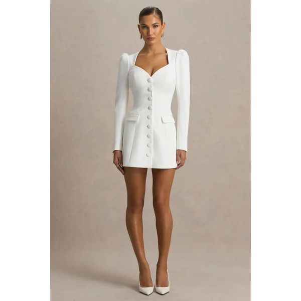 Carmen | Mini-robe blanche à décolleté cœur et coupe tailleur