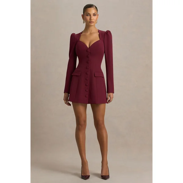Carmen | Mini-robe bordeaux à décolleté cœur et coupe tailleur