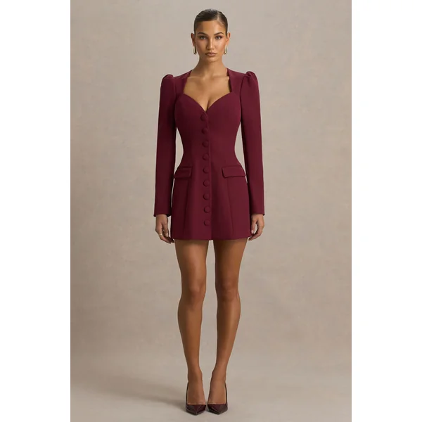 Carmen | Mini-robe bordeaux à décolleté cœur et coupe tailleur