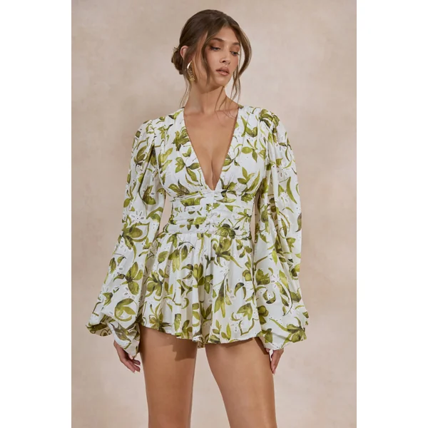 Caron | Combishort à décolleté plongeant en broderie anglaise à imprimé floral blanc et vert