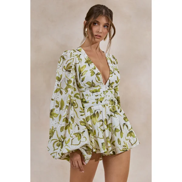 Caron | Combishort à décolleté plongeant en broderie anglaise à imprimé floral blanc et vert
