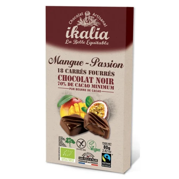 Carrés de chocolat noir 70% cacao fourrés mangue-passion 80g