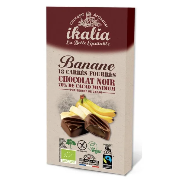 Carrés de chocolat noir 70% cacao fourrés à la banane 80g
