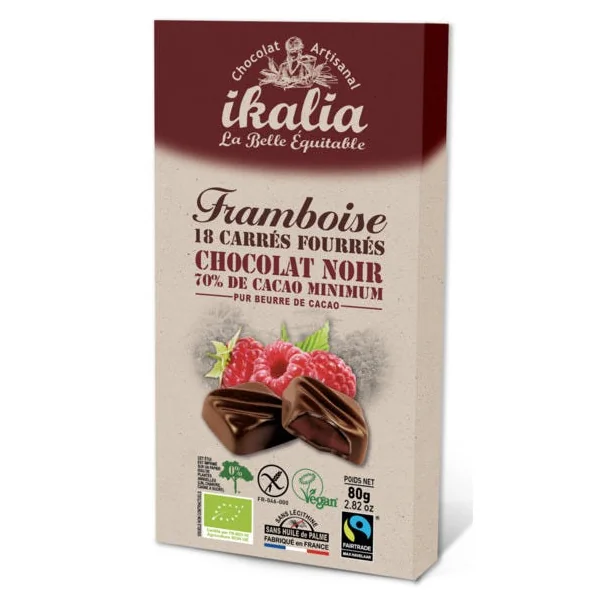 Carrés de chocolat noir 70% cacao fourrés à la framboise 80g