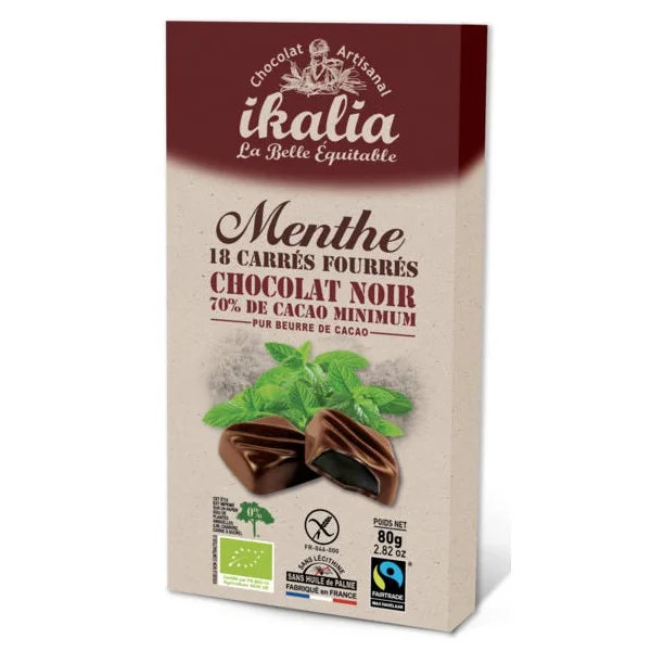 Carrés de chocolat noir 70% cacao fourrés à la menthe poivrée 80g