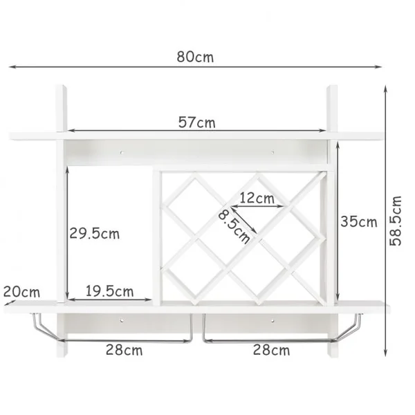 Casier à Vin Étagère à Bouteilles de Verre Support Mural 2 Étages Grande Capacité de Rangement en MDF, 80x58.5cm, Blanc