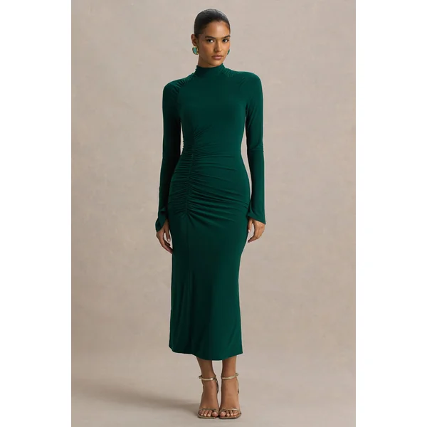 Cassandra | Robe mi-longue vert bouteille à col montant et manches longues