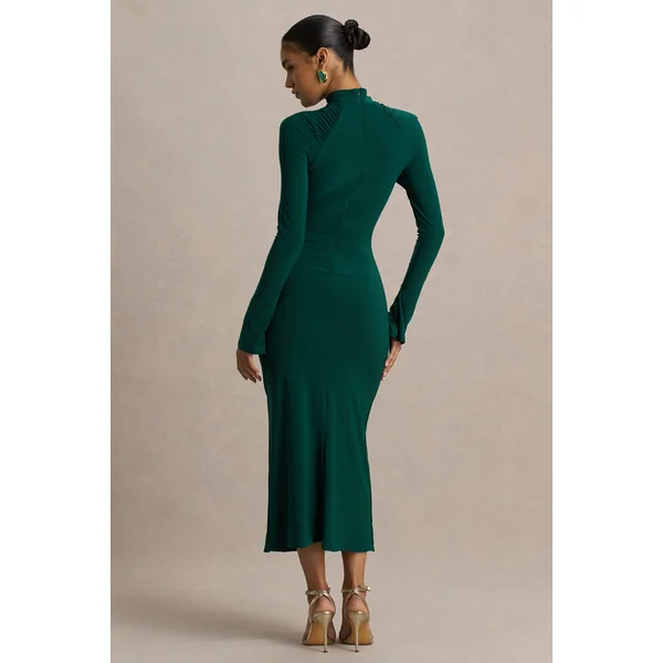Cassandra | Robe mi-longue vert bouteille à col montant et manches longues