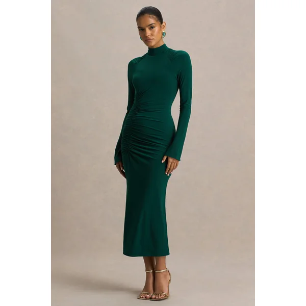 Cassandra | Robe mi-longue vert bouteille à col montant et manches longues