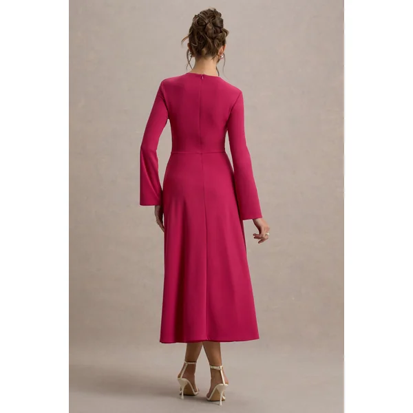 Cassiopeia | Robe Mi-Longue Rose à Manches Longues avec Taille Croisée