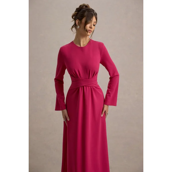 Cassiopeia | Robe Mi-Longue Rose à Manches Longues avec Taille Croisée