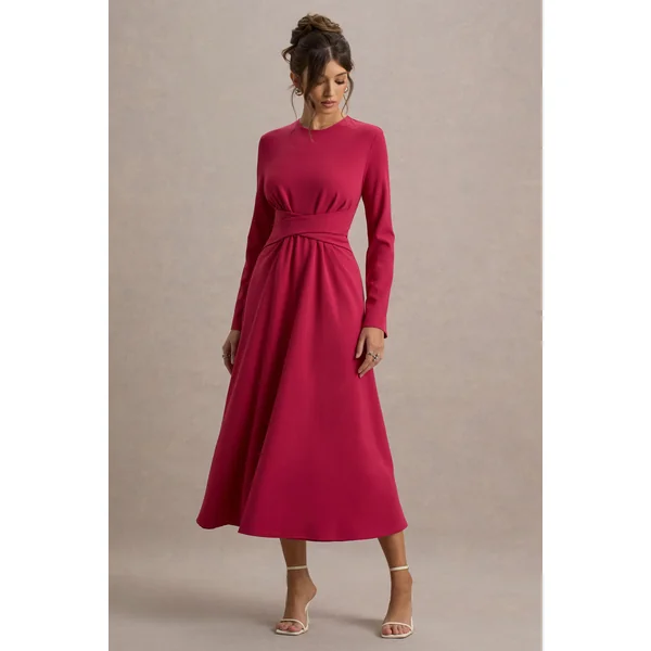 Cassiopeia | Robe Mi-Longue Rose à Manches Longues avec Taille Croisée