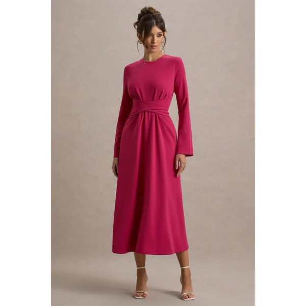 Cassiopeia | Robe Mi-Longue Rose à Manches Longues avec Taille Croisée