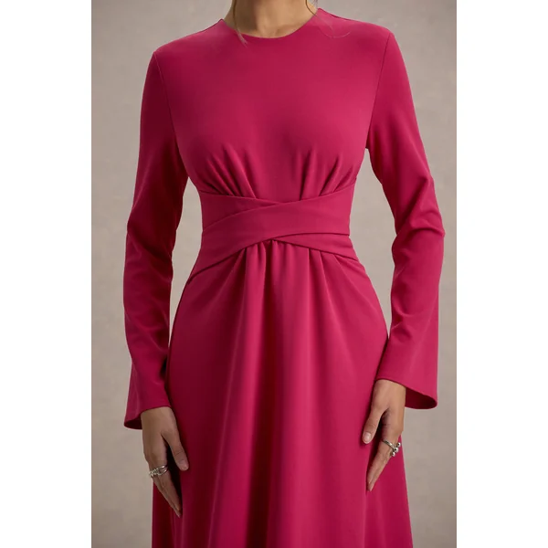 Cassiopeia | Robe Mi-Longue Rose à Manches Longues avec Taille Croisée