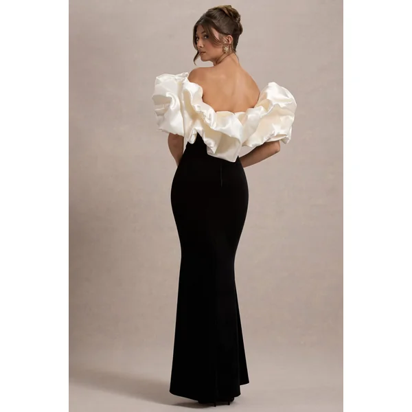Cecily | Robe Longue Bardot en Velours Noir avec Finitions en Satin à Volants