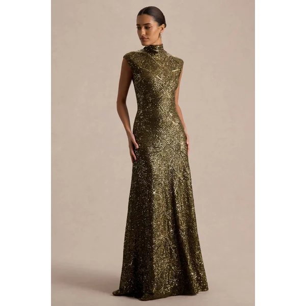 Cecy | Robe Longue en Sequins Kaki à Col Montant avec Manches Courtes