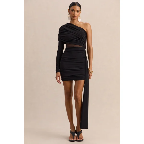 Celara | Mini-robe noire à encolure asymétrique avec détail en mesh et détail ceinture