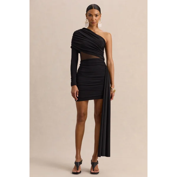 Celara | Mini-robe noire à encolure asymétrique avec détail en mesh et détail ceinture