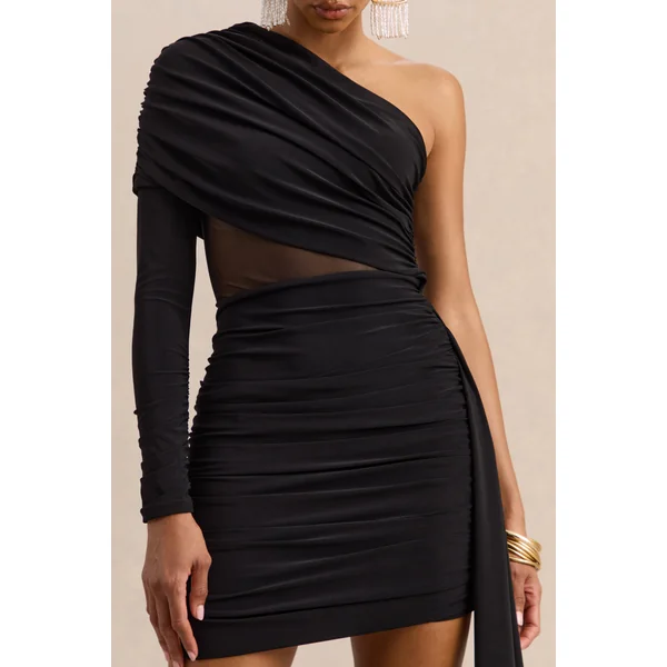 Celara | Mini-robe noire à encolure asymétrique avec détail en mesh et détail ceinture