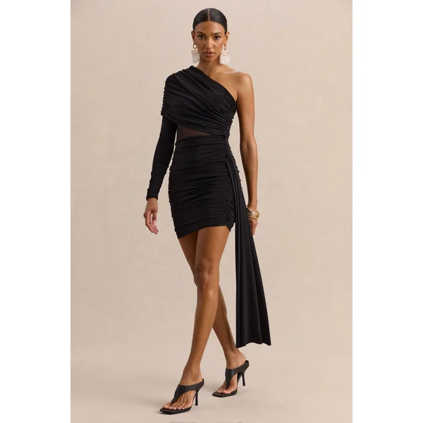 Celara | Mini-robe noire à encolure asymétrique avec détail en mesh et détail ceinture