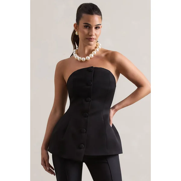 Century | Corset en satin noir sans bretelles et bouton de fermeture