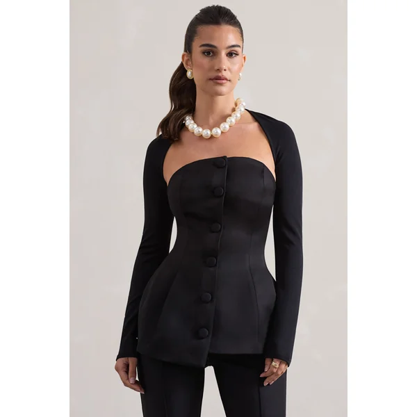 Century | Corset en satin noir sans bretelles et bouton de fermeture