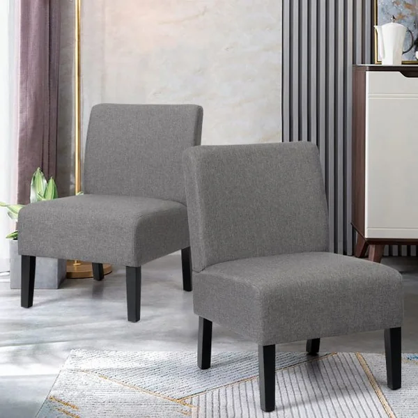Chaise d’Appoint Rembourrée avec Dossier Pieds en bois d’Hévéa Tissu en lin respirant Gris