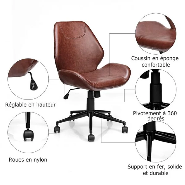 Chaise de Bureau en PU à 5 Roulettes Chaise Pivotante Réglable en Hauteur Charge Max.110KG Marron