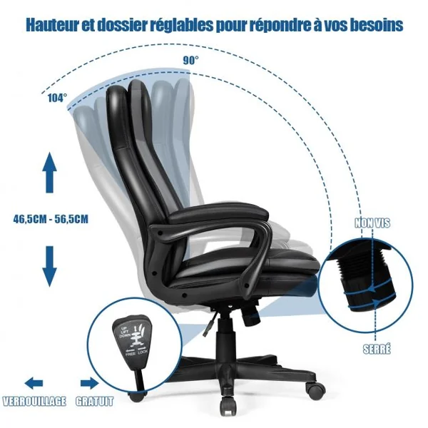 Chaise de Bureau Ergonomique Pivotante à Haut Dossier Hauteur Réglable avec Support Lombaire