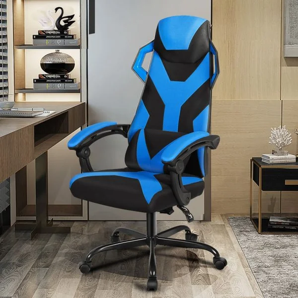 Chaise de Bureau Gamer Hauteur Réglable Inclinable de 90° à 135° Massage Capacité 120 Kg 66x65x120-130cm Bleu