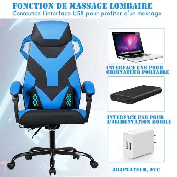 Chaise de Bureau Gamer Hauteur Réglable Inclinable de 90° à 135° Massage Capacité 120 Kg 66x65x120-130cm Bleu