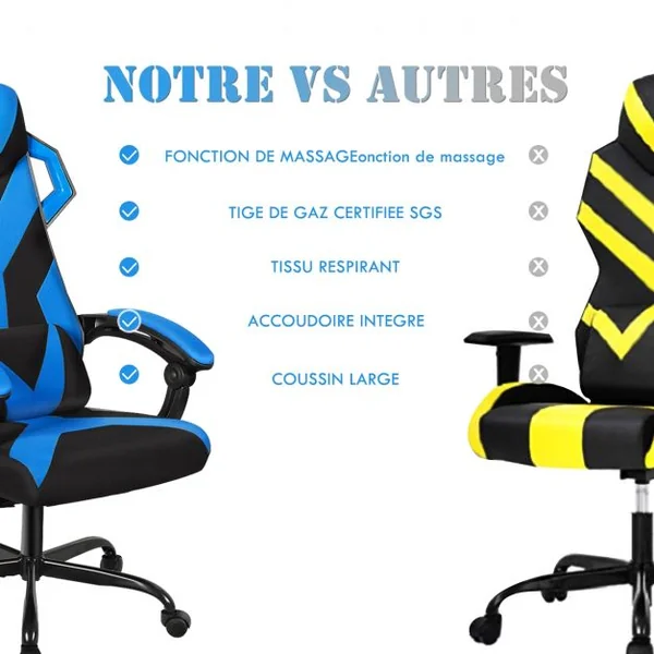 Chaise de Bureau Gamer Hauteur Réglable Inclinable de 90° à 135° Massage Capacité 120 Kg 66x65x120-130cm Bleu