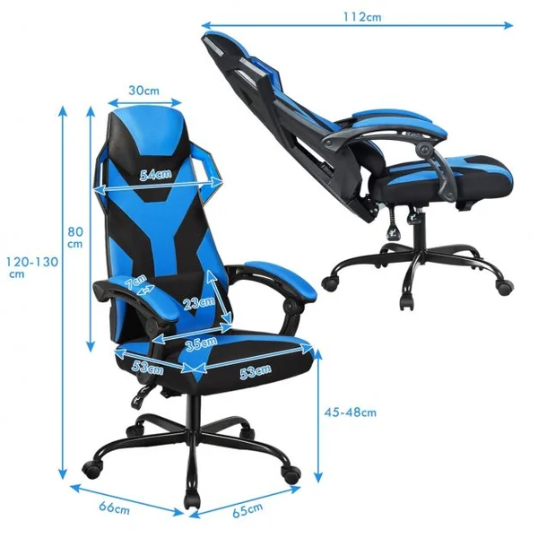 Chaise de Bureau Gamer Hauteur Réglable Inclinable de 90° à 135° Massage Capacité 120 Kg 66x65x120-130cm Bleu